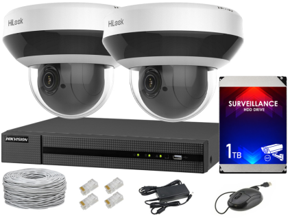 Set za IP spremljanje, 2 vrtljivi PTZ kameri 4Mpx, IR20, NVR 4xPoE, Disk 1TB - Hilook by Hikvision