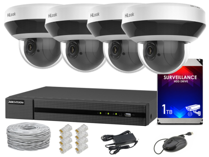 Set za IP monitoring, 4 rotacijske PTZ kamere 4Mpx, IR20, NVR 4xPoE, Disk 1TB - Hilook by Hikvision